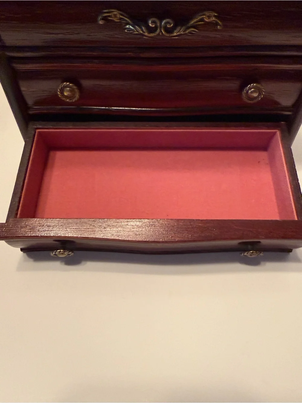 Vintage Styled by Mele Wooden Musical Jewelry Box Velvet Lining Cherry Finish